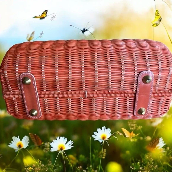 MAXX NEW YORK CORAL-ORANGE RATTAN SATCHEL WITH LEATHER TRIM - Picture 3 of 10